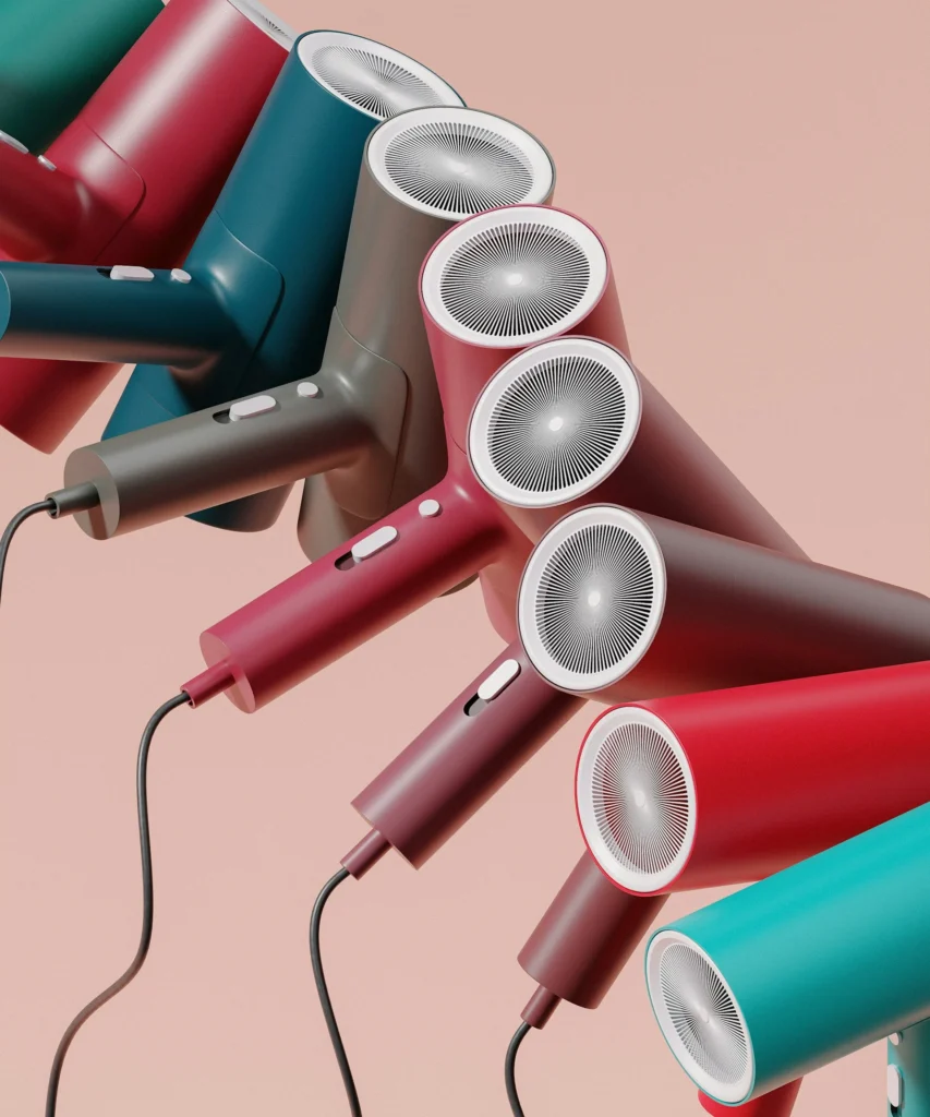 Multiple hairdryers swirling in harmony together